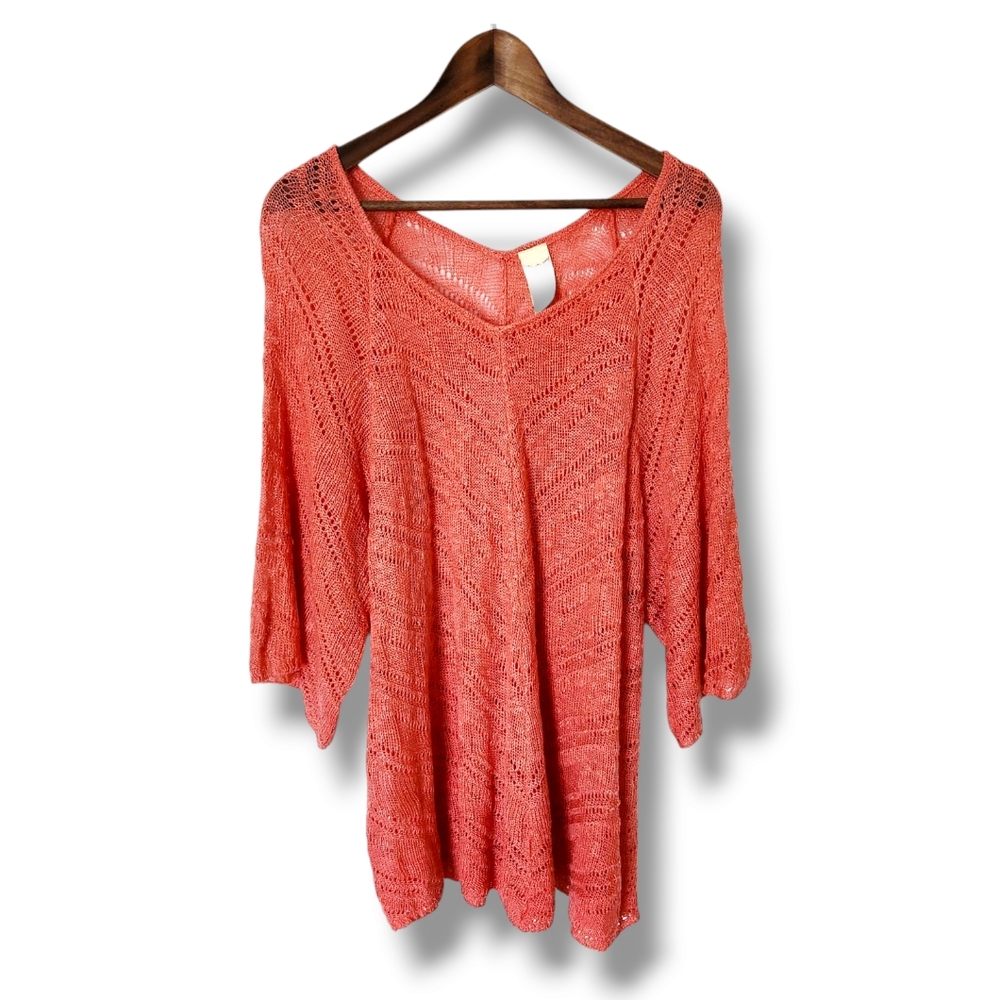 Faded Glory Coral V-Neck 3/4 Length Bell Sleeve Knit Sweater | 22W-24W